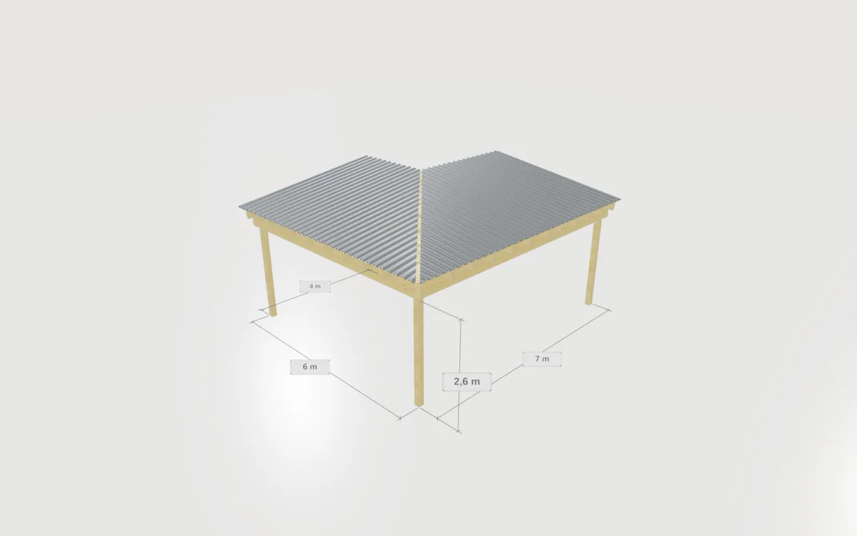 Terrassenüberdachung über Eck in der Übersicht, mit Trapezblech-Dach und Bemaßung 6 m, 7 m, 4 m und 2,6 m Höhe