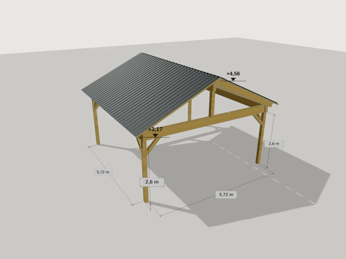 Carport aus Lärche im Konfigurator: Satteldach mit Trapezblech, Kopfbänder an den Pfosten, Maßketten an Höhe, Breite und Tiefe